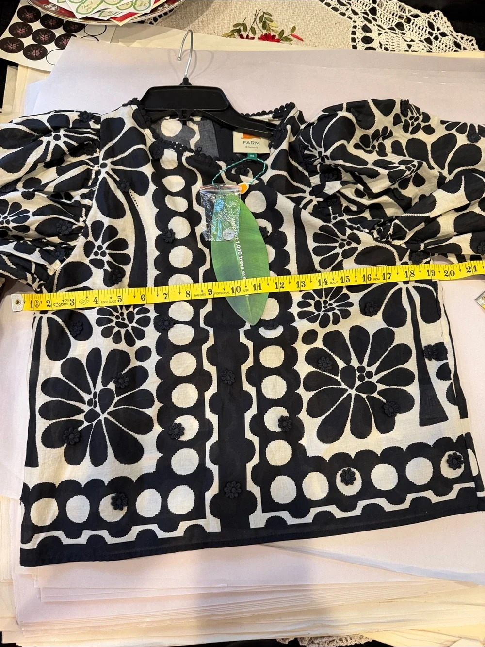 FARM Rio Black Palermo Floral Puff Sleeve Blouse XS NWT Boho